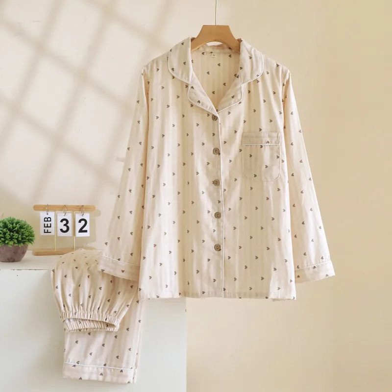 Spring and Autumn Womens Pajama Set 100 Cotton Gauze Vertical Strip Love Long Sleeve Two piece Home Clothing 251231