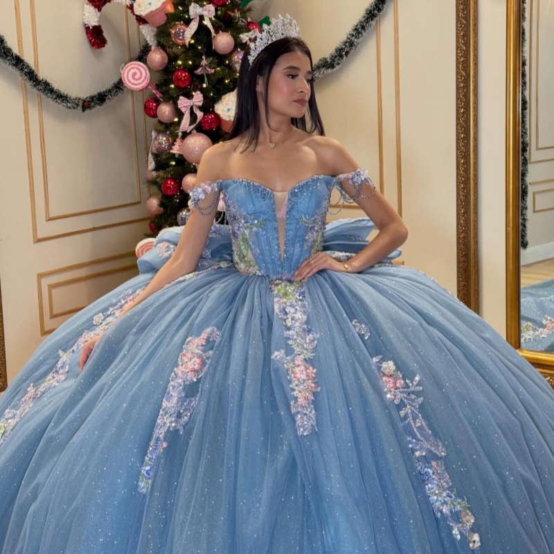 Sea Blue Shiny Quinceanera Dresses Off Shoulder Ball Gown Sweet 16 Dress Sequin Applique Bow Beading Crystal Bow Tull Birthday Party Vestidos 15 De An