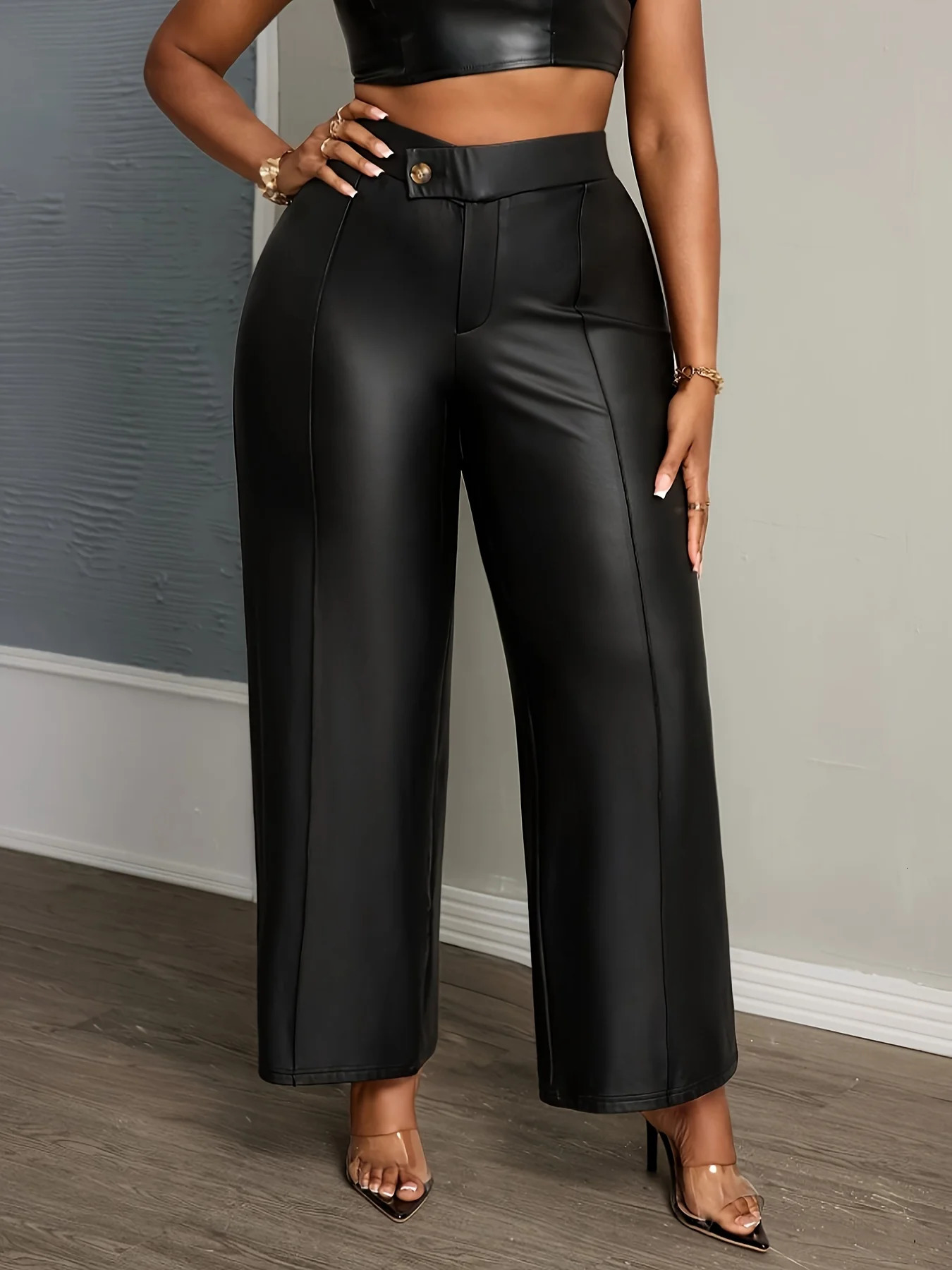 Plus size vintage cool pants black PU leather wideleg trousers highwaisted buttoned to slim and show long legs 251231