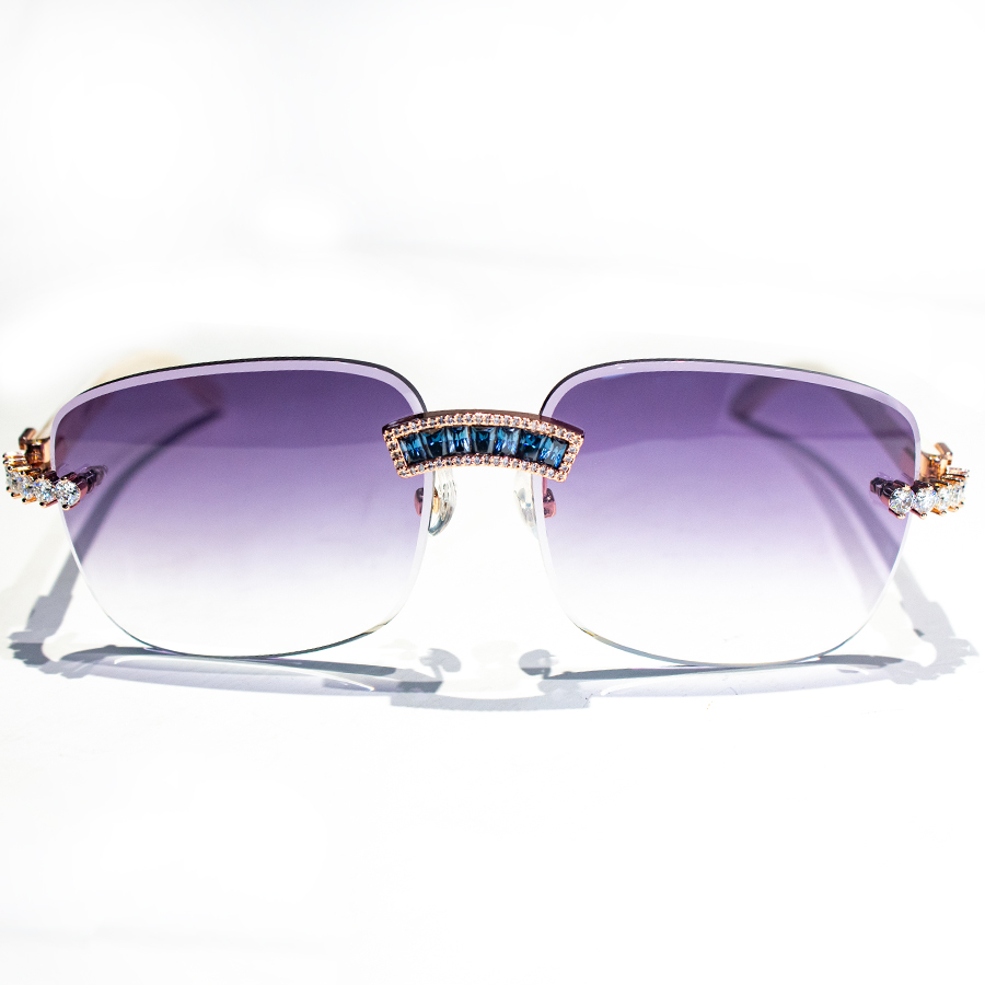 Custom Hip Hop Rapper Luxury Iced Out Mens Glasses Blue Gemstone Baguette Moissanite Rimless Buffalo Horn Sunglasses
