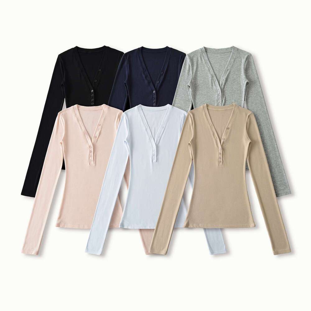 2026 Autumn New Tencel V-Neck Button Tight Long Sleeve T-Shirt for Women, Stretchy Slim Fit Thin Base Shirt Top