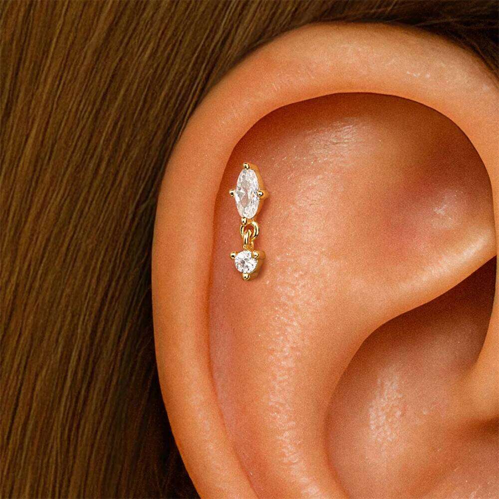Aide 1PC Nature Style Threaded Puncture Ear Bone Nail 925 Sterling Silver Tassel Geometric Zircon Piercing Earring Studs Jewelry