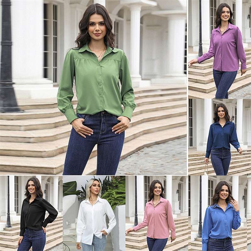 2026 Cross-Border Trade Button-Up Top Lantern Pleated Solid Color Stand Collar Loose Long Sleeve Women's Shirt
