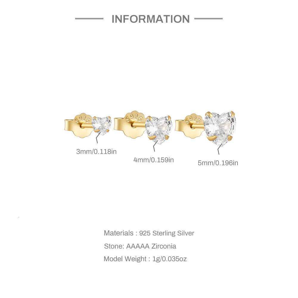 Aide 925 Sterling Silver 3pcs Set 3/4/5mm Multi Size Heart Zirconia Chic Stud Earrings For Women 18K Gold Simple Elegant Jewelry