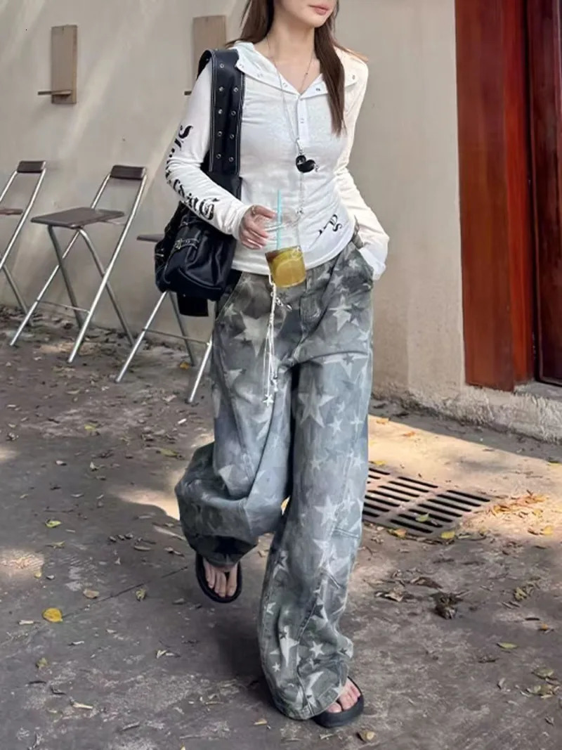 Camouflage Star Fashion Loose Straight Wide Leg Pants Women High Street Trend Clothing Casual 251231
