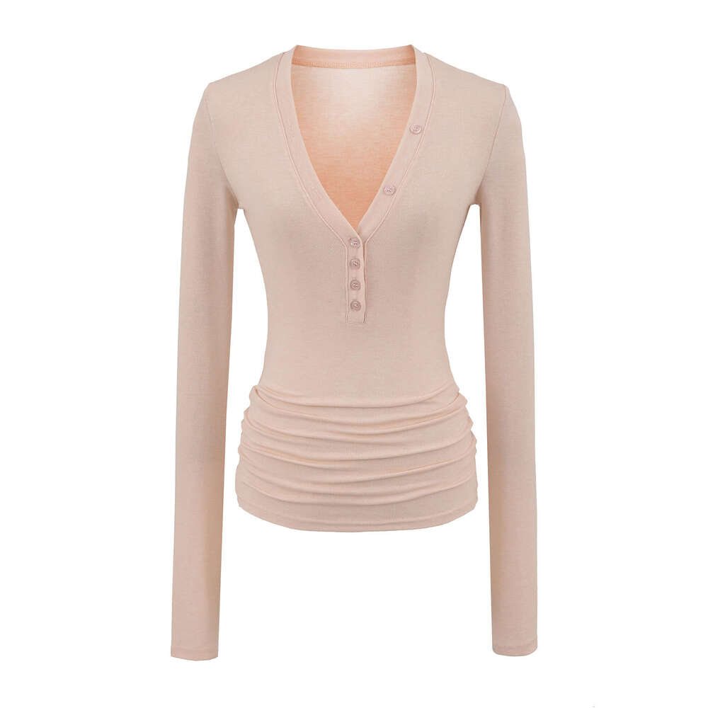 2026 Autumn New Tencel V-Neck Button Tight Long Sleeve T-Shirt for Women, Stretchy Slim Fit Thin Base Shirt Top