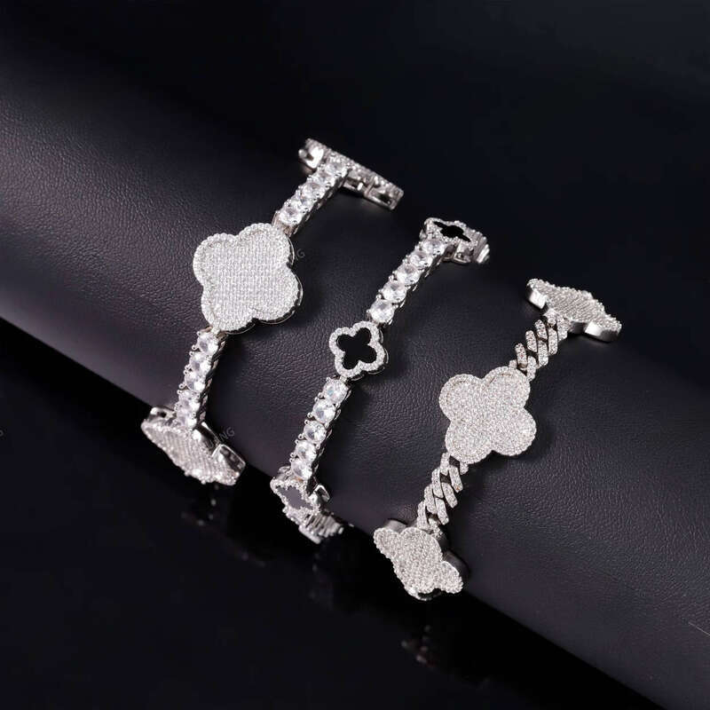 Iced Out Cuban 925 Sterling Silver VVS Moissanite Diamond Four Leaf Clover Bracelet 3mm 4mm Tennis Chain
