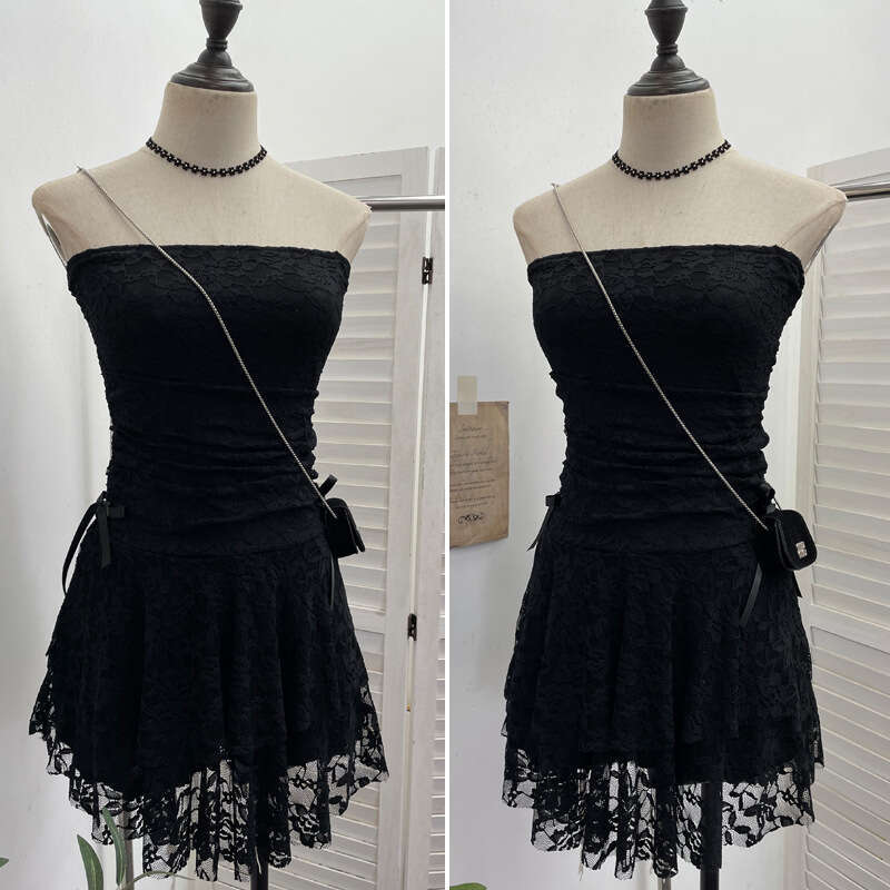 Real Shot Vintage Lace Patchwork Waist-Cinching Strapless Sexy Collarbone-Exposing Tiered Petite Short Dress 1272