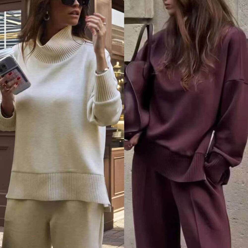 26 In Stock Cross-Border Hot Sale Spring New Solid Color Round Neck Loose Casual Sweatshirt Set