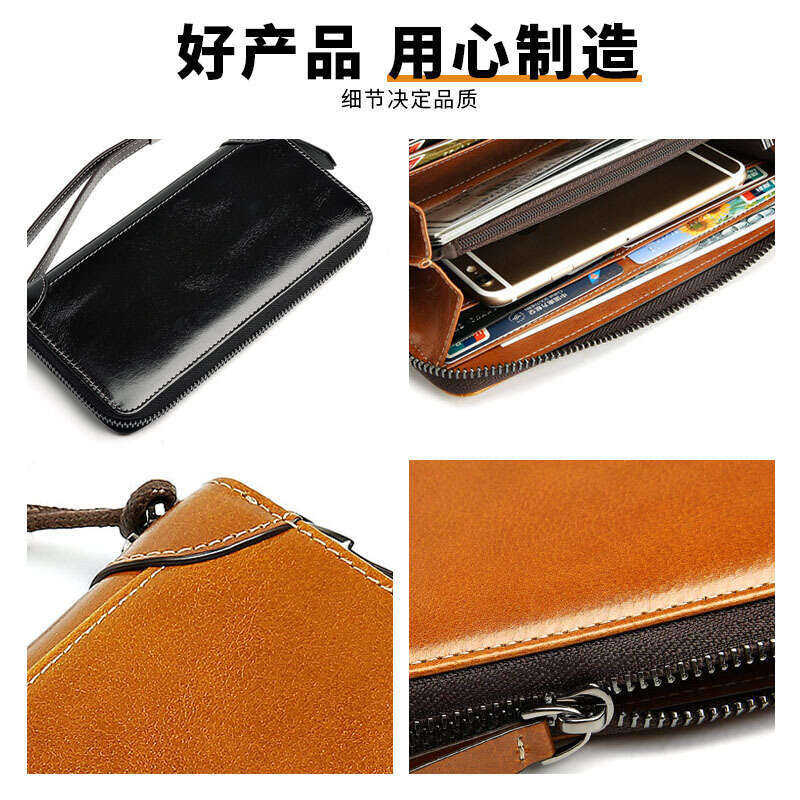 Amazon Retro Men's Wallet Long Zipper Multi-Card Slot Large Capacity Oil Wax Clutch Genuine Leather Coin Purse