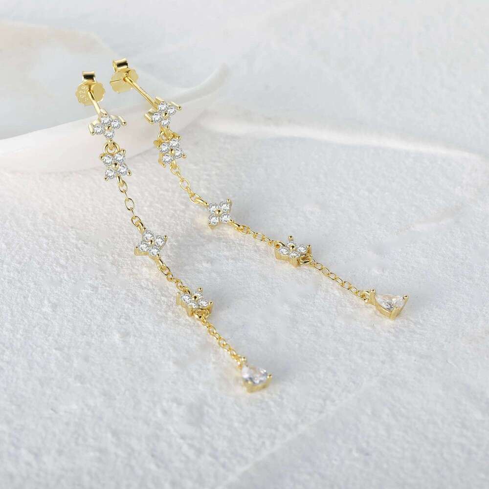 Aide 925 Sterling Silver Cross Long Tassel Drop Earrings For Women Girls Flower Rhinestone Chain Dangle Earring Brincos Jewelry