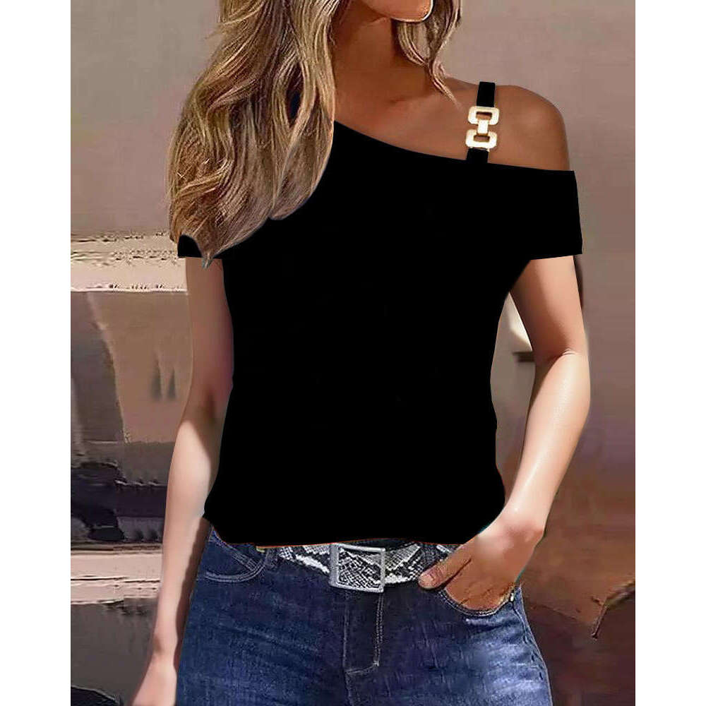 2026 Hot Style Summer Simple Short Sleeve Metal Button Printed Top T-Shirt Women's Fashion