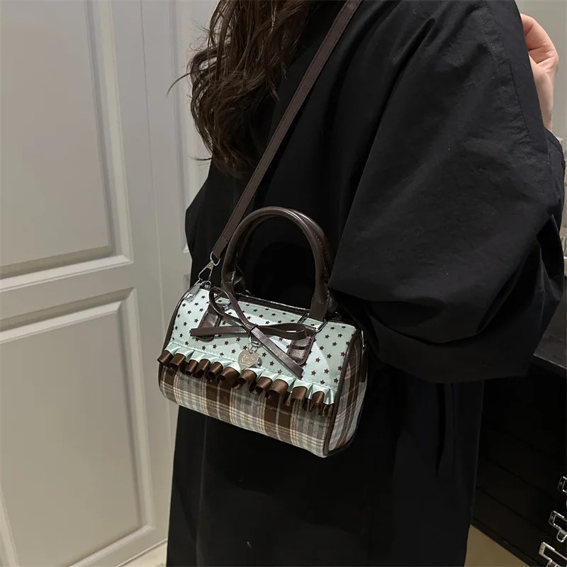 Sweet Bow Crossbody Pillow Bags Versatile Vintage Plaid Ladies Shoulder Bag Lightweight Portable Women Handbag Purse 251231