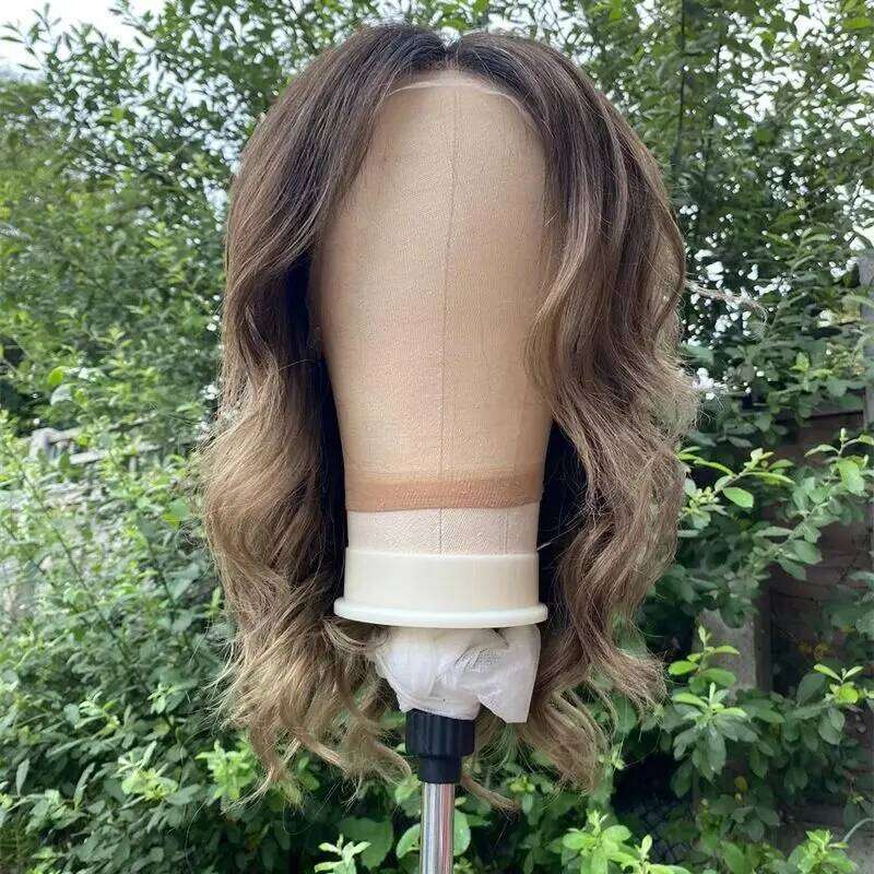 New In Short Wave Bob Ombre Dark Brown Synthetic HD Lace Front Balayage Women's PrePlucked Hairline Shoulder Length Wig