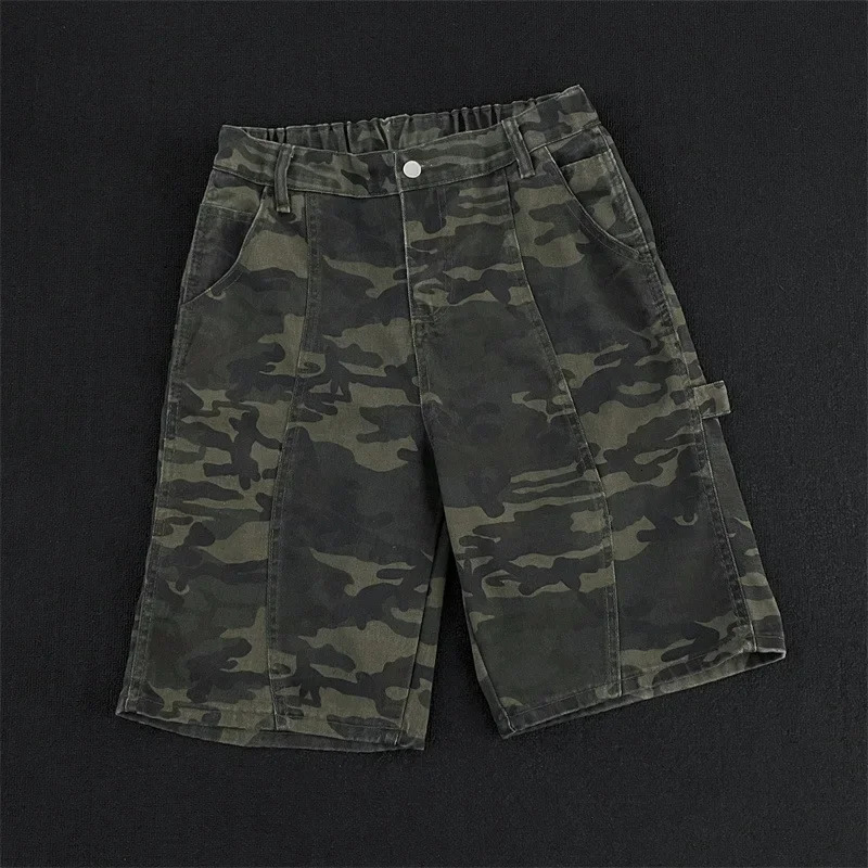 Washed Camouflage Deconstructed Workwear Denim Shorts Loose Straight Cut Vintage Summer Mens Casual Shorts 251230