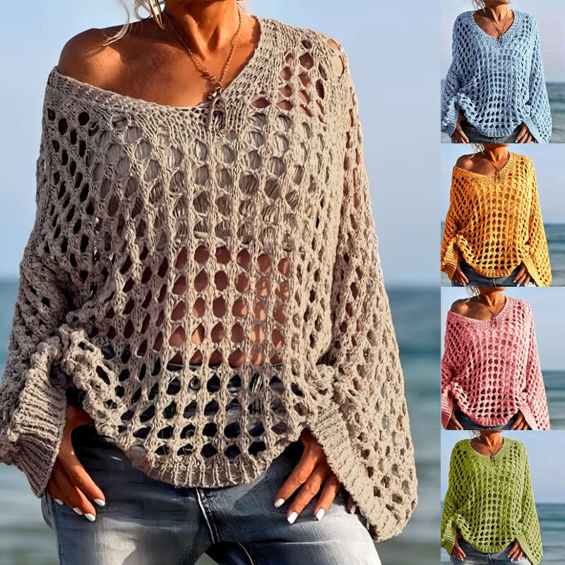 2025 New Sexy Hollow Sunscreen Vacation Knitted Shirt for Women Spring Summer Beach Cover-Up Top