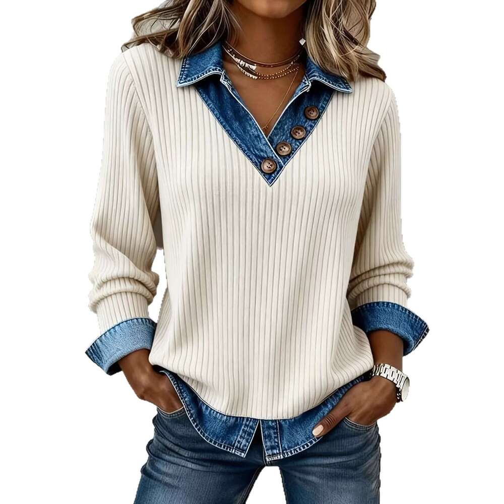 Foreign Trade Women's Clothing Denim Collar Patchwork Knitted Sweater Fake Two-Piece V-Neck Ribbed Long Sleeve Casual Top