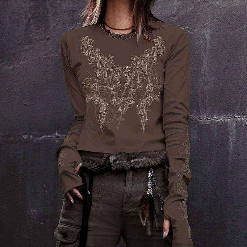 Fashion Cross-Border 2026 Gothic Long Sleeve Trendy T-Shirt Women's Dark New Style Top Wholesale