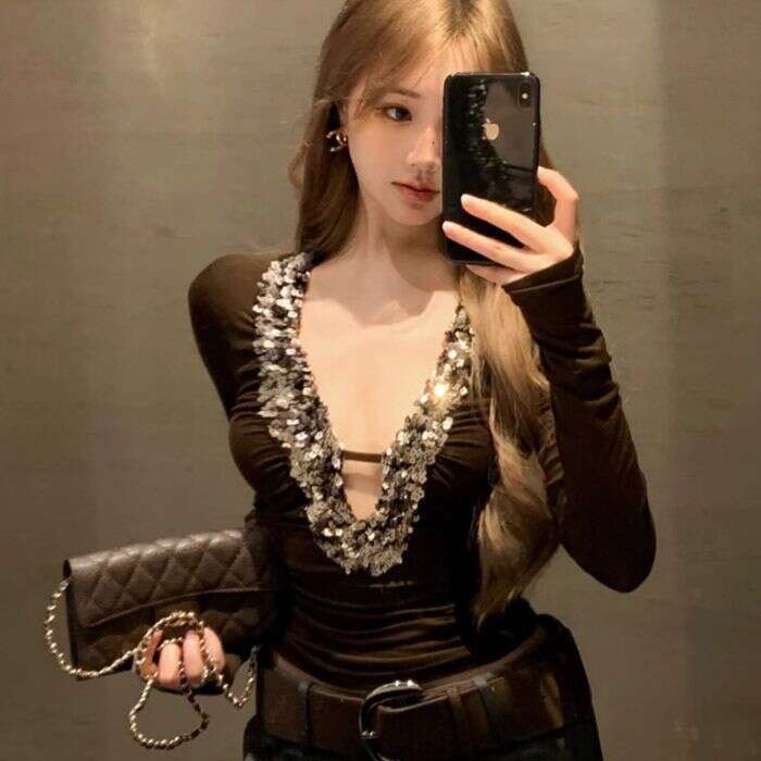 Heavy Sequin Sexy V-Neck Long Sleeve T-Shirt for Women, Autumn Design, Slim Fit, Hot Girl Short Base Shirt Top