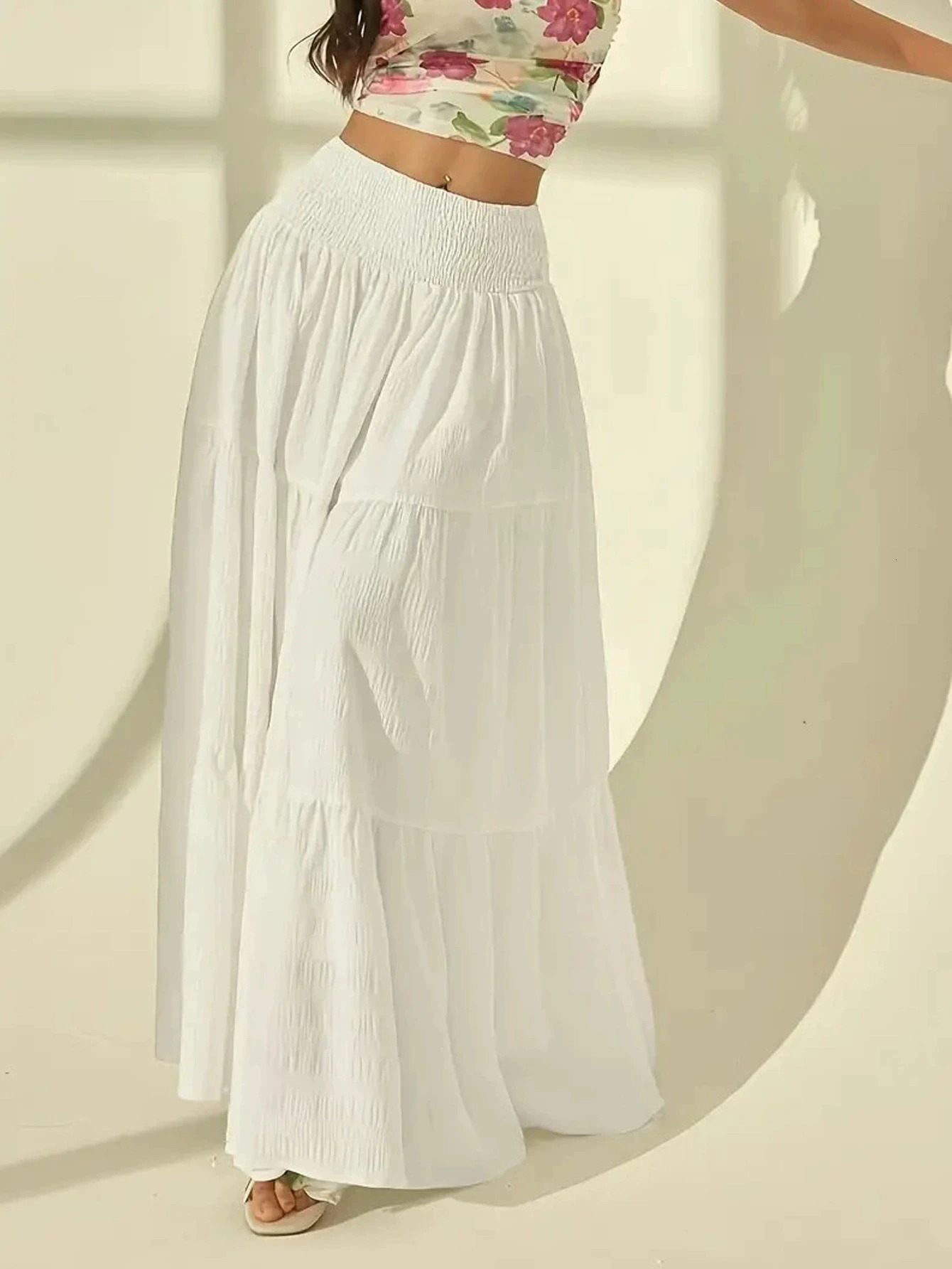 Women Fashion Tiered Maxi Skirt Elastic Waist Casual Solid Color Aline Faldas Mujer Holiday Streetwear Long Jupes 251231