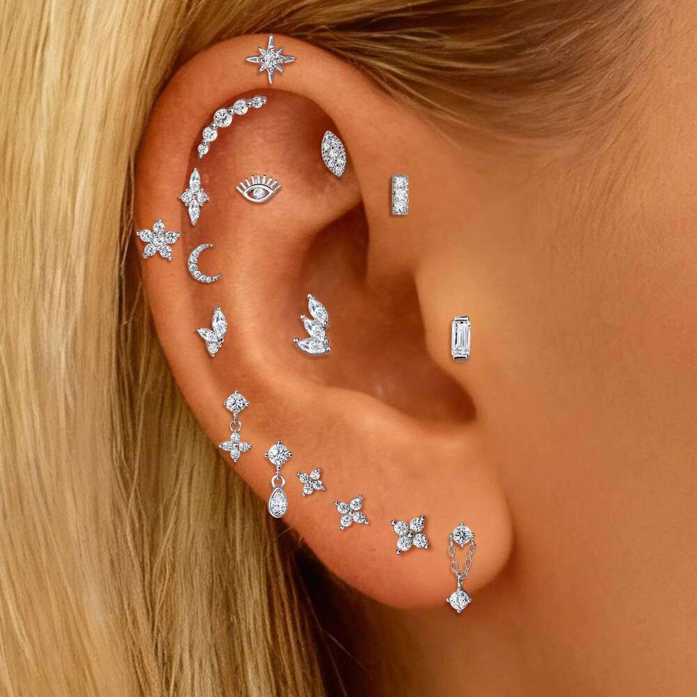 Aide S925 Sterling Silver Versatile Fit Moissanite Piercing Jewelry Star Clover Moon Ear Stud Cartilage Hoops for Women