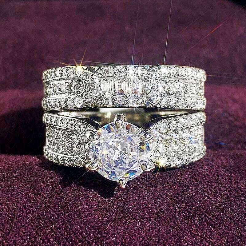 Huitan Luxury 2PC Bridal Ring Sets Brilliant Round Zirconia Finger Jewelry for Wedding Party Gorgeous Silver Color Accessories