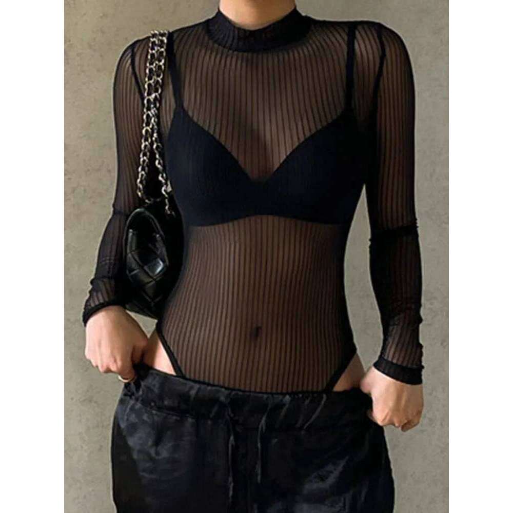 Summer perspective with backless hollow transparent club jumpsuit for women, solid color black T-shirt, elegant and sex