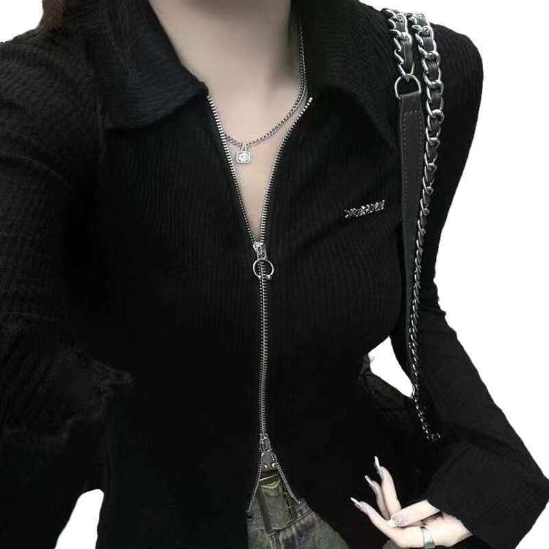 Spring and Autumn Pure Desire Slim Fit Design Sense Niche Zipper Hot Girl Top Women Polo Collar Slimming Temperament Long Sleeve T-Shirt