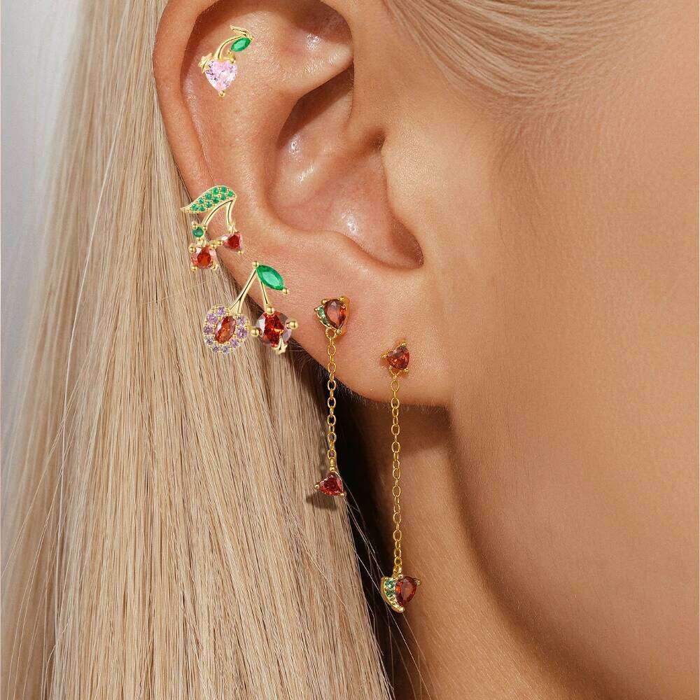 Aide Fashion Pineapple Cubic Zirconia Fruit Earrings for Women 925 Sterling Silver Cherry Cartilage Piercing Ear Studs Jewelry