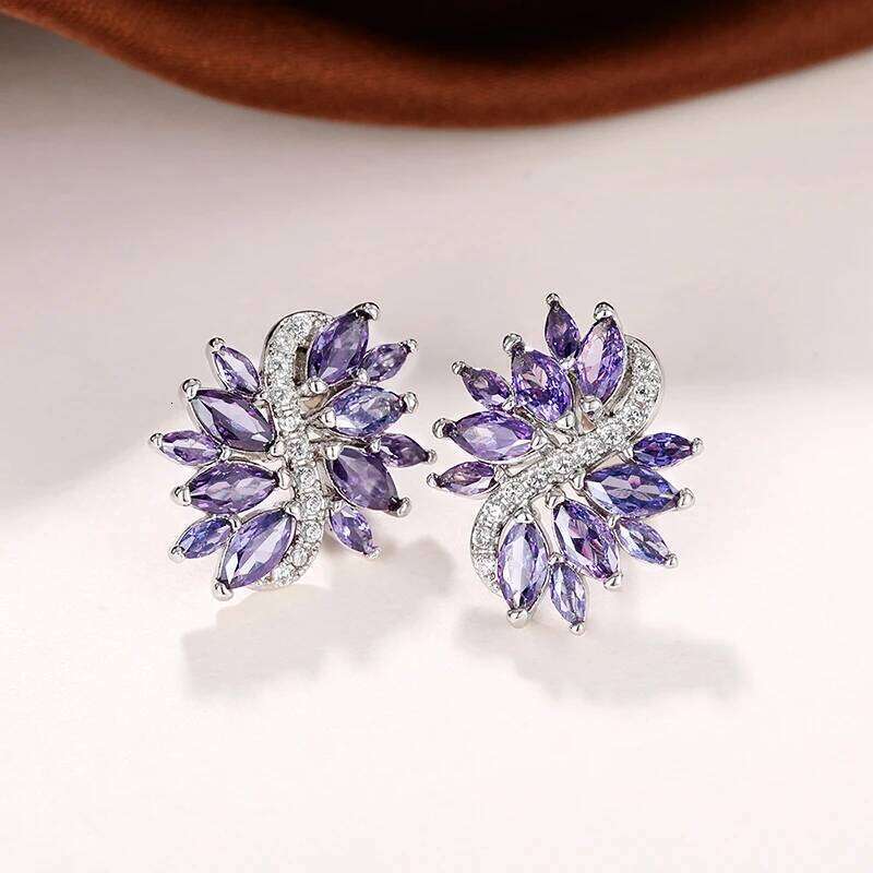 Huitan Gorgeous Marquise Purple CZ Stud Bling Accessories for Women Wedding Elegant Lady Earrings Luxury Jewelry