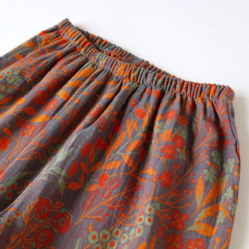 est Retro Style Cotton YarnDyed Leaf Printed LongSleeved Long Trousers Cardigan Womens Home Wear TwoPiece Pyjama Set 251231