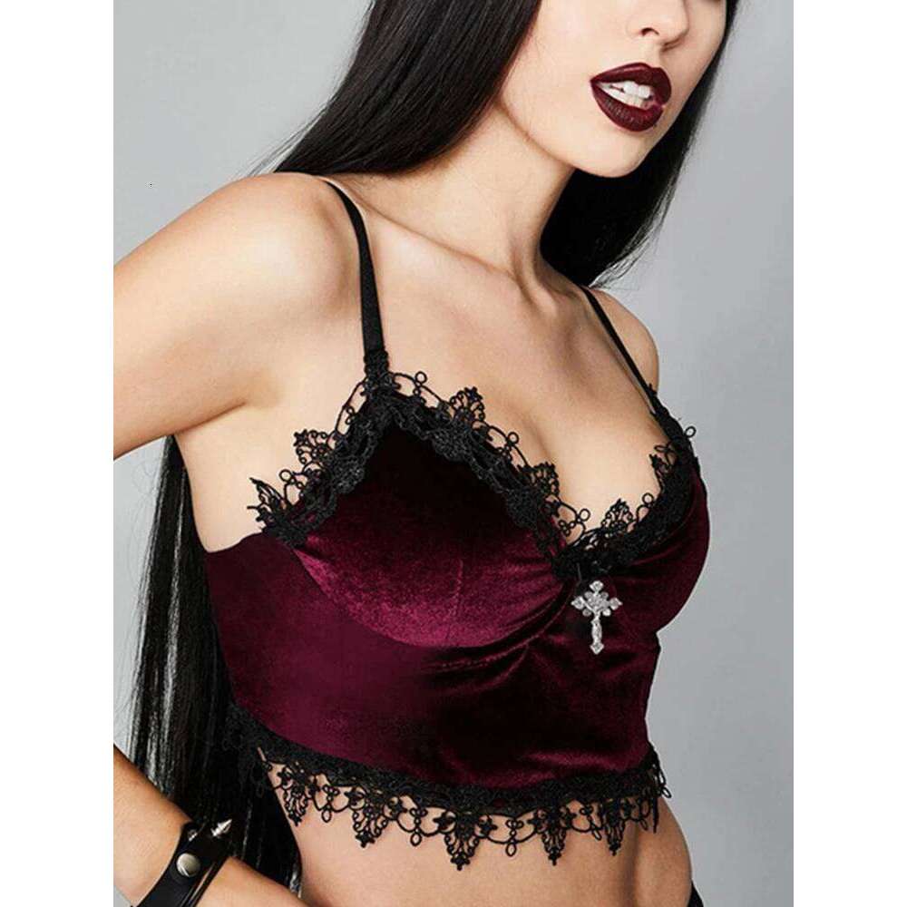 Velvet Y2K Mall Goth Black Lace Trim Emo Alternative Aesthetic Crop Tops Women Backless Sexy Strap Tanks