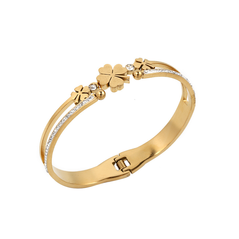 Luxury Brand Designer Jewelry European And American Stainless Steel Bracelet Double Layer Lucky Four-Leaf Clover Open Design Zircon Inlaid Exquisite H