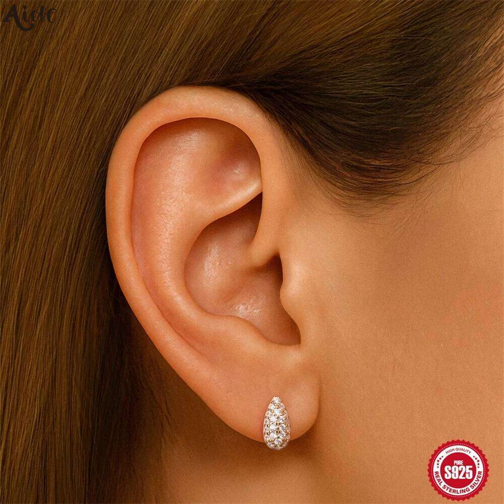 Aide 925 Sterling Silver Minimalist Water Droplet Stud Earrings for Women Vintage Full Zircon Ear Jewelry Wedding New Year Gift