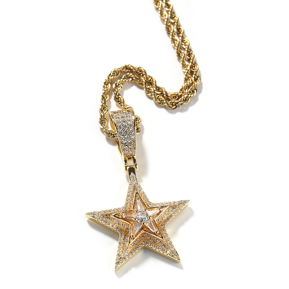 Rotatable Full Zircon Five Pointed Star Pendant Necklace Gold Plated Hip Hop Rap Jewelry