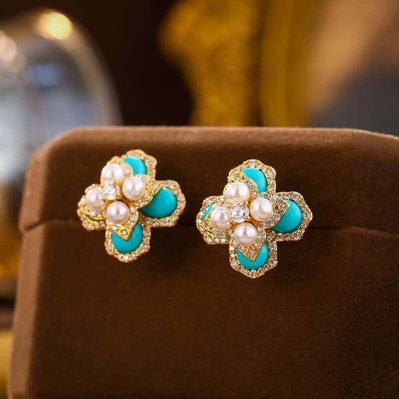 New Chinese Style Blue Turquoise Pearl Stud Three-Dimensional Four-Leaf Flower for Women Niche High-End Elegant Fashion Earrings