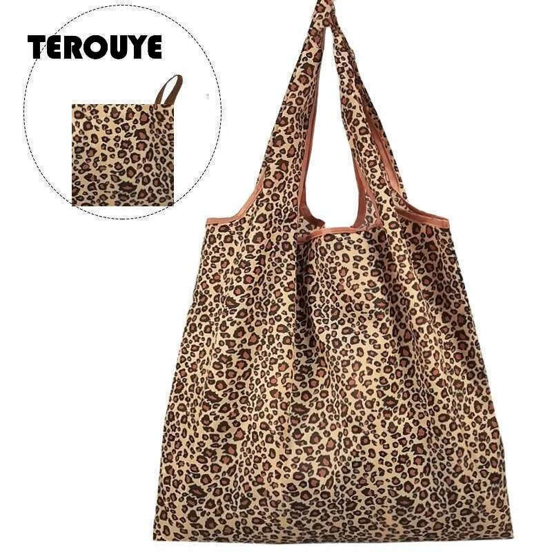 Large Capacity Leopard Print Hand Shopping Bag Women's Daily Folding Handbag TEROUYE
