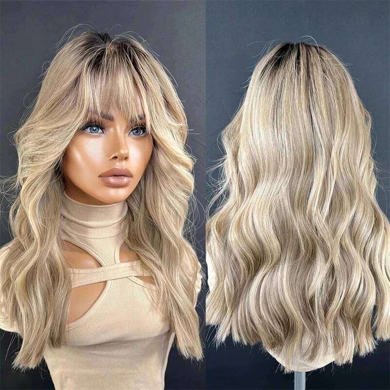 Lace Part for Women Ombre Ash Honey Blonde Colored Glueless Wigs with Bangs WEar and go 100% Natural Woman"s Wig Synthetic