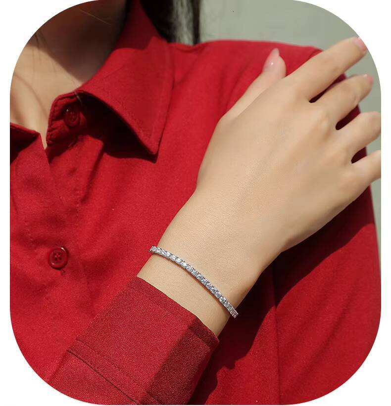 S925 Silver Tennis Chain 225mm VVS Moissanite Diamond-Like Ice Crystal Design Rhodium-Plated Hip-Hop Bracelet Ideal Gift