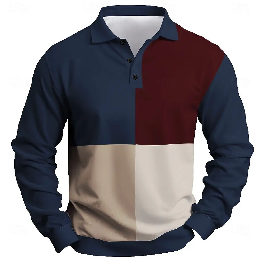 Fashion Mens Color Block Long Sleeve Polo Shirt Breathable Casual Tops Slim Fit Quick Drying Classic Collar Polo Shirt 251230