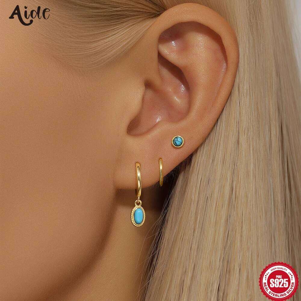 Aide 925 Sterling Silver Oval Turquoise Pendant Hoops Earring Set For Women Koren Fashion Summer Beach Party Fine Jewelry Gifts