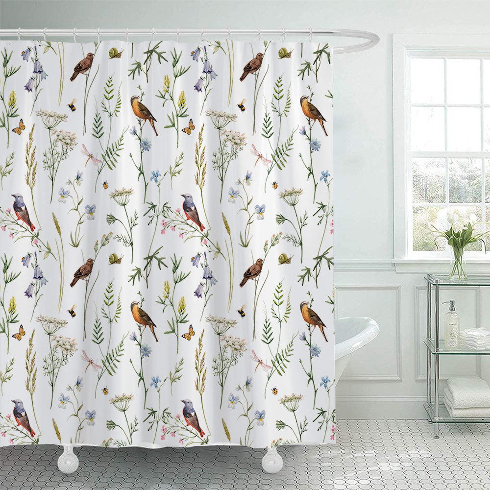YL-38078 Shower Curtain Set with Wild Grass, Stones, and Water Reflections - Printed Polyester Waterproof Shower Curtain, No Drill Required, with Hook