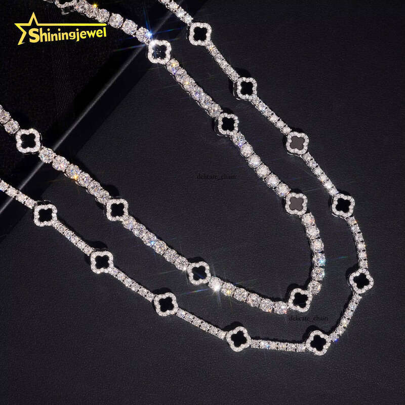 VVS Moissanite In Stock 3mm 5mm Black Onyx Clover Necklace Bracelet Tennis Chain Chalcedony 925 Sterling Silver