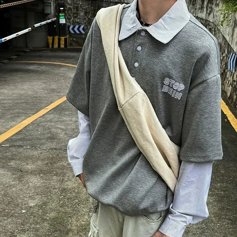 Autumn Retro Loose American Two-piece POLO Shirt Long-sleeved T-shirt Mens Versatile Fashion Couple Splicing Shirt Chic 251230