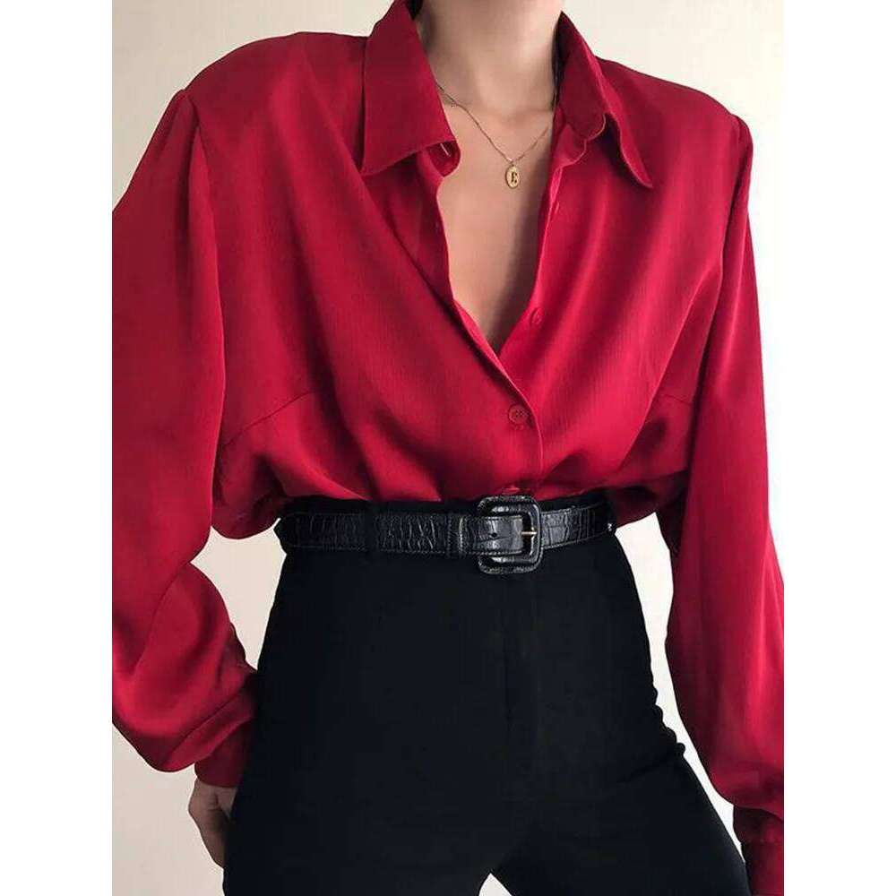 Women's fashion button up lapel office women's long sleeved casual shirt, loose top