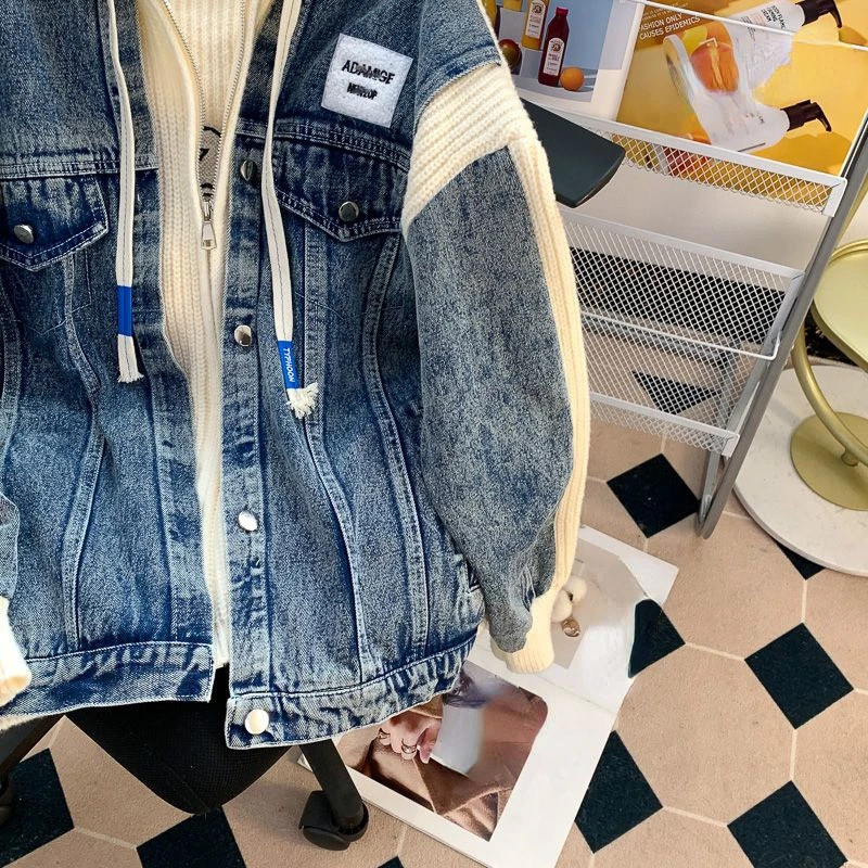 Japanese Vintage Y2k Jackets Hooded Knit Patchwork Two Piece Zipper Oversized Denim Coat Autumn All Match Womens Clothing 251229