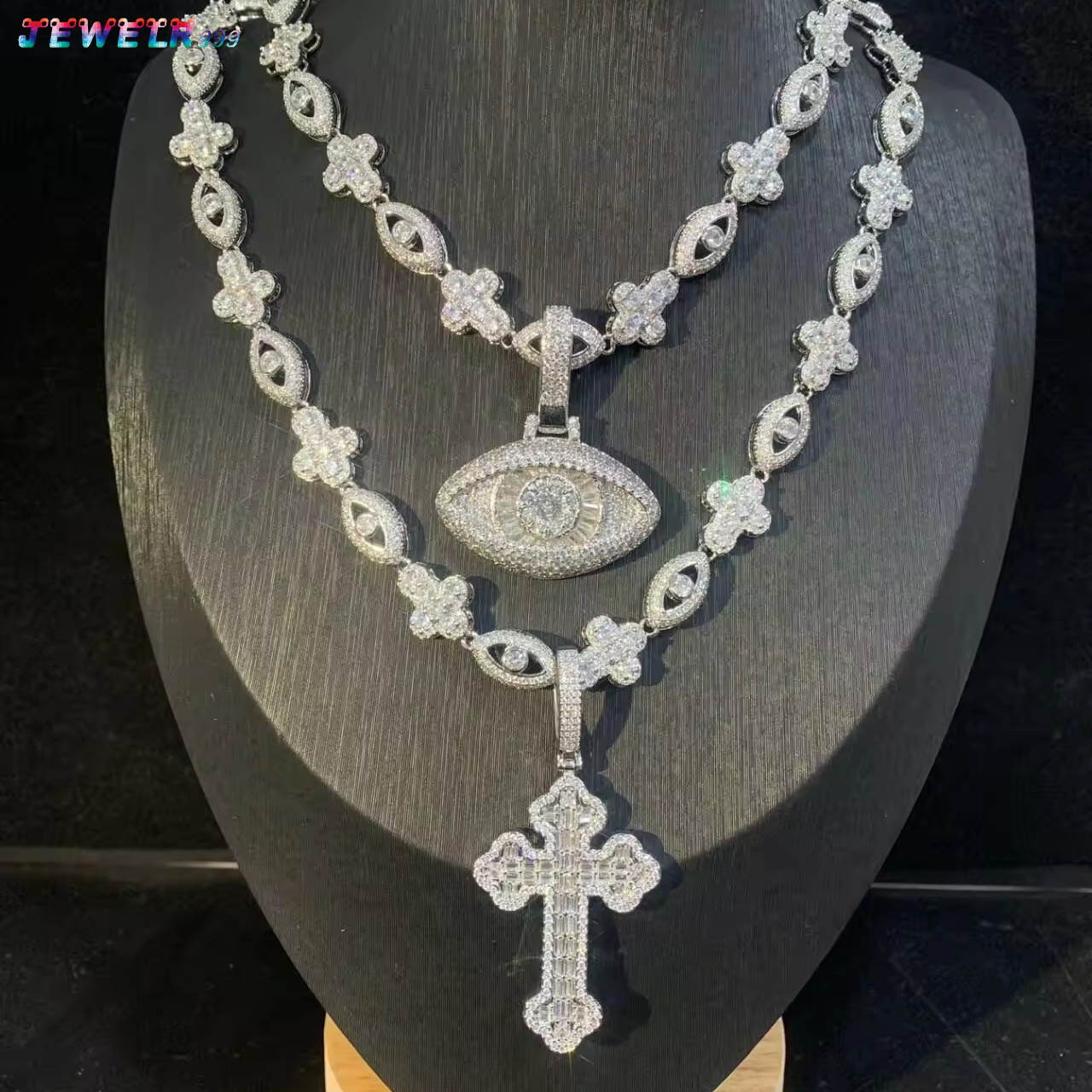 2026 New Iced Out Men Boy Jewelry Micro Paved 5A Cubic MoissaniteVVSia Moissanite Cross Evil Eye Charm Chain Hip Hop Necklace
