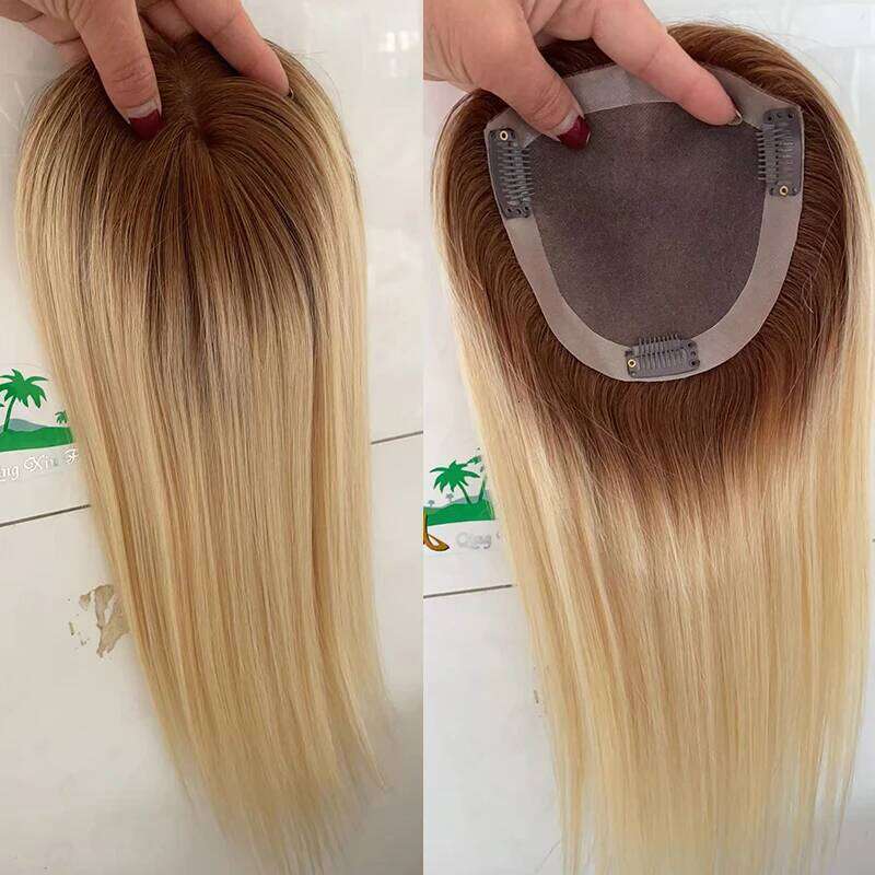 T1B/613 Mono Hand tied Monofilament PU Topper 14INCH Top Toupeer Breathable Hair Piece with Clip For Women T2/613 T4/613