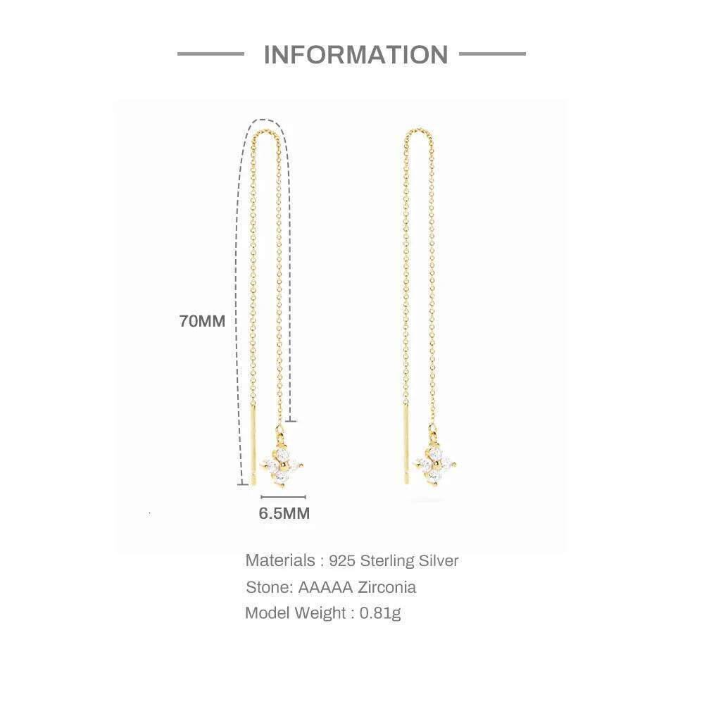 Aide Long Chain Tassel Four-leaf Zircon 925 Sterling Silver Drop For Women Minimalist 18K Gold Earrings Fine Jewelry