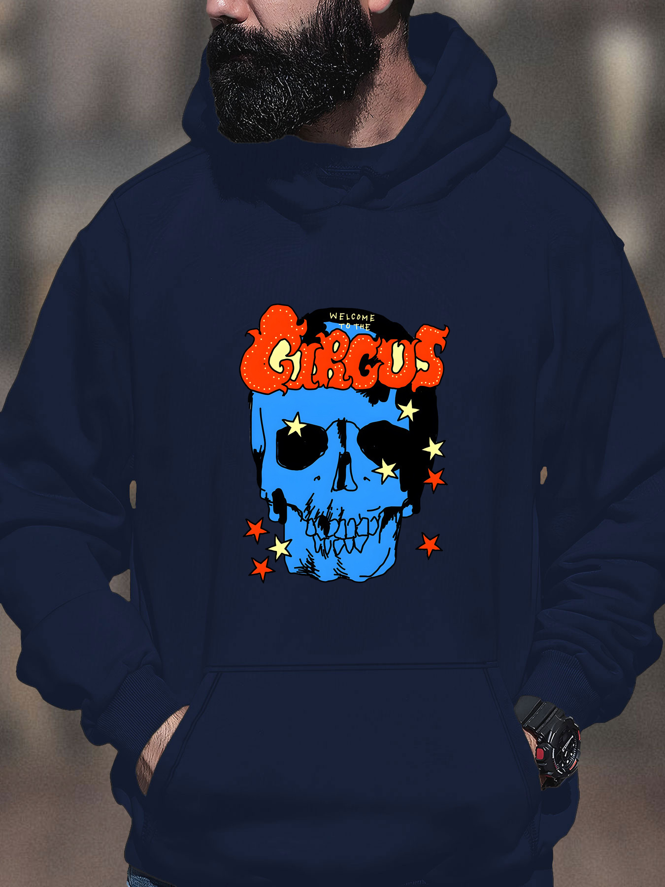 Men'S Navy Blue Graphic - "GIRGUS" Design with Fiery Orange Yellow Stars, Soft Polyester Blend, Front Pockets, Casual Long Sleeve for F